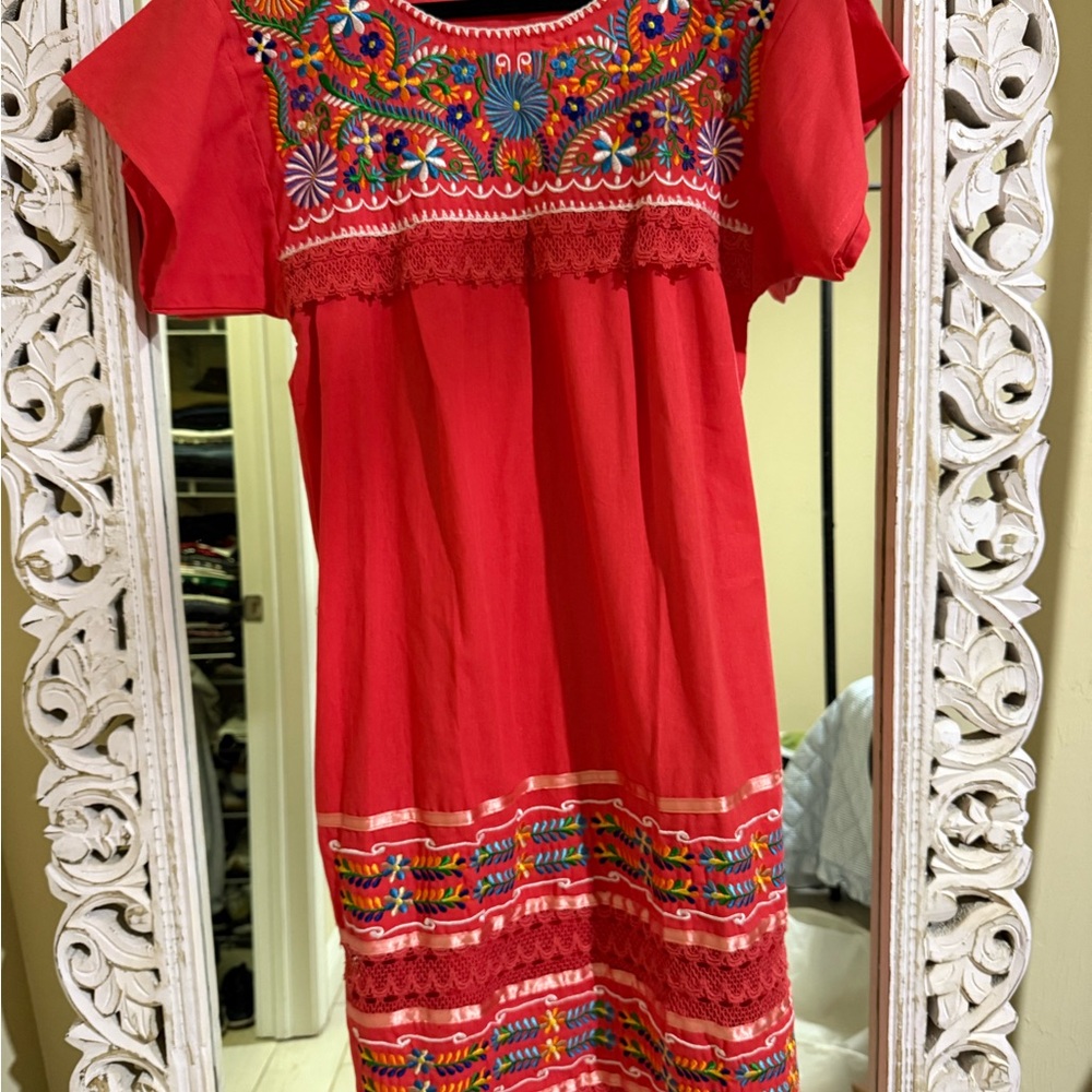 Peach Mexican  Embroidered small adult dress